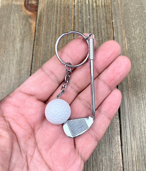 Golf club and ball set keychain. Silver Metal Golf club keychain. White Golf ball keychain. Golf players keychain. Golf coach keychain. Sports keychain.