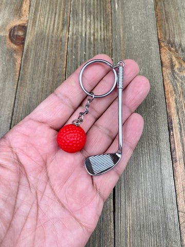 Golf club and ball set keychain. Silver Metal Golf club keychain. Red Golf ball keychain. Golf players keychain. Golf coach keychain. Sports keychain.