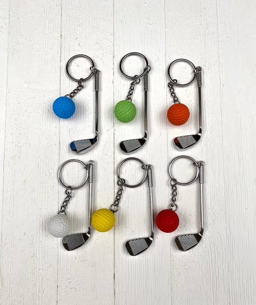 Golf club and ball set keychain. Silver Metal Golf club keychain. White Golf ball keychain. Golf players keychain. Golf coach keychain. Sports keychain.