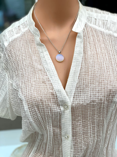 An Eye catching synthetic Opal stone round shape Pendant Necklace with High Quality No Fade Non Tarnish Hypoallergenic Stainless Steel chain