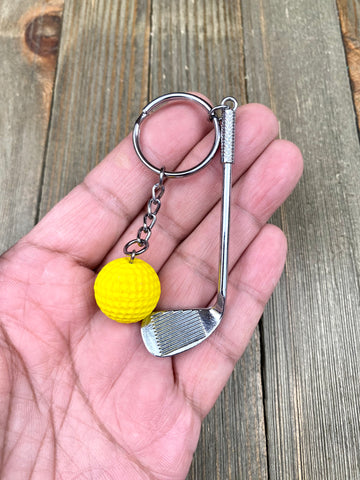 Golf club and ball set keychain. Silver Metal Golf club keychain. Yellow Golf ball keychain. Golf players keychain. Golf coach keychain. Sports keychain.