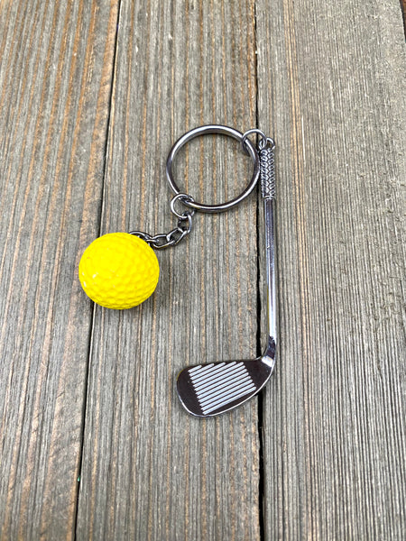 Golf club and ball set keychain. Silver Metal Golf club keychain. Yellow Golf ball keychain. Golf players keychain. Golf coach keychain. Sports keychain.