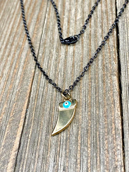 18 karat Gold Horn Tusk Shape Evil Eye Pendant in Black plated Dainty chain No Tarnish No Fade Waterproof Stainless Steel minimalist Jewelry