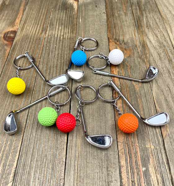 Golf club and ball set keychain. Silver Metal Golf club keychain. White Golf ball keychain. Golf players keychain. Golf coach keychain. Sports keychain.