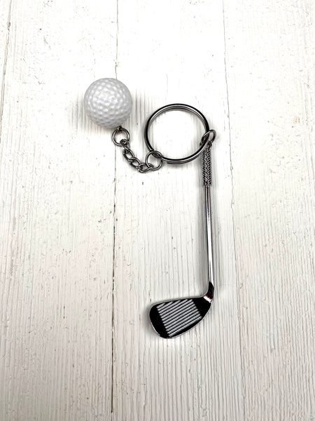 Golf club and ball set keychain. Silver Metal Golf club keychain. White Golf ball keychain. Golf players keychain. Golf coach keychain. Sports keychain.