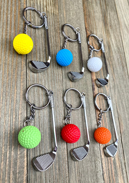 Golf club and ball set keychain. Silver Metal Golf club keychain. Yellow Golf ball keychain. Golf players keychain. Golf coach keychain. Sports keychain.