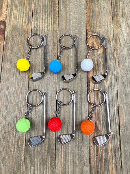 Golf club and ball set keychain. Silver Metal Golf club keychain. Yellow Golf ball keychain. Golf players keychain. Golf coach keychain. Sports keychain.