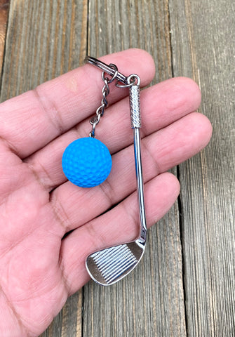 Golf club and ball set keychain. Silver Metal Golf club keychain. Blue Golf ball keychain. Golf players keychain. Golf coach keychain. Sports keychain.