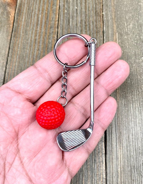 Golf club and ball set keychain. Silver Metal Golf club keychain. Red Golf ball keychain. Golf players keychain. Golf coach keychain. Sports keychain.