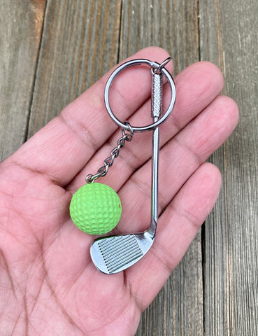 Golf club and ball set keychain. Silver Metal Golf club keychain. Green Golf ball keychain. Golf players keychain. Golf coach keychain. Sports keychain.