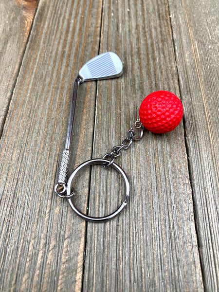 Golf club and ball set keychain. Silver Metal Golf club keychain. Red Golf ball keychain. Golf players keychain. Golf coach keychain. Sports keychain.