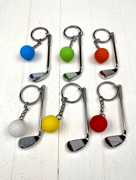 Golf club and ball set keychain. Silver Metal Golf club keychain. Orange Golf ball keychain. Golf players keychain. Golf coach keychain. Sports keychain.