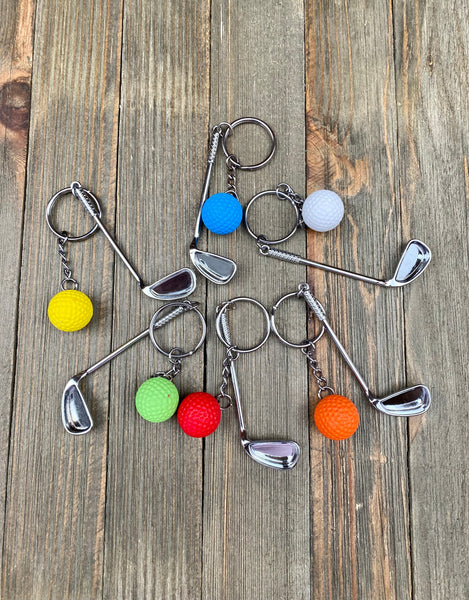 Golf club and ball set keychain. Silver Metal Golf club keychain. Orange Golf ball keychain. Golf players keychain. Golf coach keychain. Sports keychain.