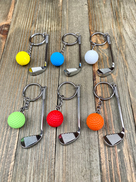 Golf club and ball set keychain. Silver Metal Golf club keychain. Yellow Golf ball keychain. Golf players keychain. Golf coach keychain. Sports keychain.