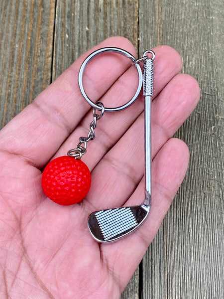 Golf club and ball set keychain. Silver Metal Golf club keychain. Red Golf ball keychain. Golf players keychain. Golf coach keychain. Sports keychain.