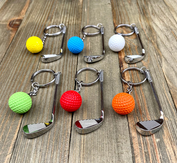 Golf club and ball set keychain. Silver Metal Golf club keychain. Yellow Golf ball keychain. Golf players keychain. Golf coach keychain. Sports keychain.