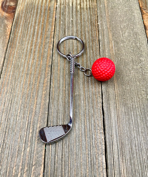 Golf club and ball set keychain. Silver Metal Golf club keychain. Red Golf ball keychain. Golf players keychain. Golf coach keychain. Sports keychain.