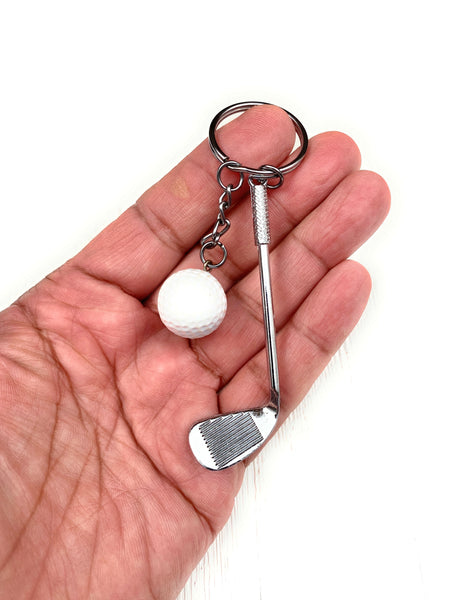 Golf club and ball set keychain. Silver Metal Golf club keychain. White Golf ball keychain. Golf players keychain. Golf coach keychain. Sports keychain.