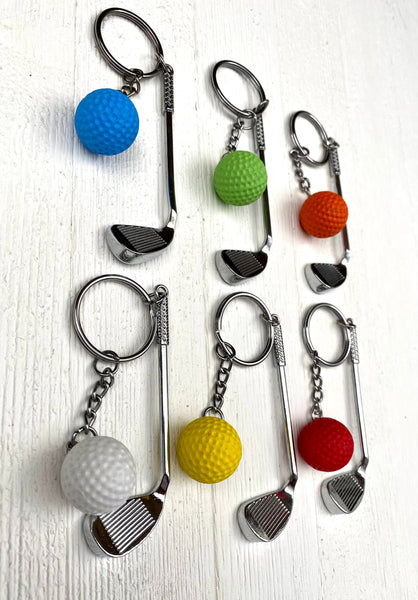 Golf club and ball set keychain. Silver Metal Golf club keychain. Orange Golf ball keychain. Golf players keychain. Golf coach keychain. Sports keychain.