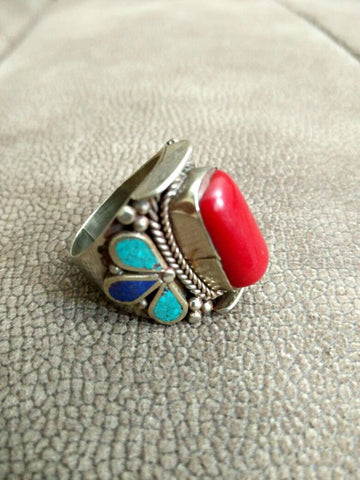 Vintage Design Afghan Kuchi Tribal Ring Antique Style Jewelry Banjara Boho Gypsy Ring Nepali Indian Ethnic Ring Red Stone Ring Gift for her
