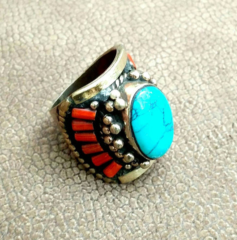 Vintage Afghan Style Kuchi Tribal Ring Antique Design Jewelry Banjara Boho Gypsy Ring Nepali Indian Ethnic Coral Synthetic Stone Ring