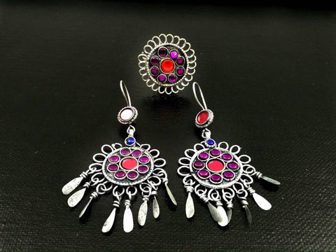 Vintage Afghan Kuchi Tribal Jewelry Set Ring Earrings Set Indian Ethnic jewelry Boho Gypsy Earrings Ring Banjara Jewelry Multicolor Jewelry.