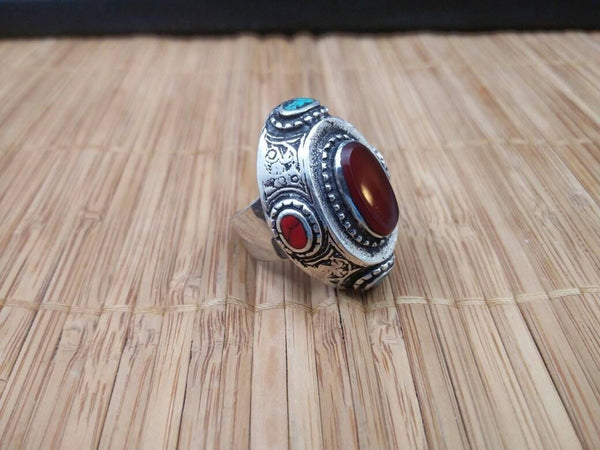 Vintage Style Afghan Kuchi Tribal Ring Antique Design Jewelry Banjara Boho Gypsy Ring Nepali Indian Ethnic Ring Gift Carnelian Stone Ring