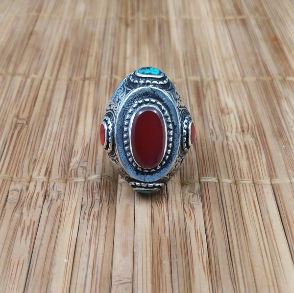 Vintage Style Afghan Kuchi Tribal Ring Antique Design Jewelry Banjara Boho Gypsy Ring Nepali Indian Ethnic Ring Gift Carnelian Stone Ring