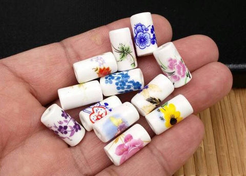 10 Ceramic Tube Beads 17x9mm Porcelain Multicolor Flower Print Cylindrical Barrel Shape Spacers Earrings Bracelet Yoga Mala Necklace Sliders