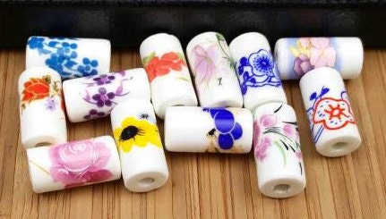 10 Ceramic Tube Beads 17x9mm Porcelain Multicolor Flower Print Cylindrical Barrel Shape Spacers Earrings Bracelet Yoga Mala Necklace Sliders