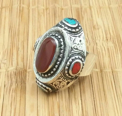 Vintage Style Afghan Kuchi Tribal Ring Antique Design Jewelry Banjara Boho Gypsy Ring Nepali Indian Ethnic Ring Gift Carnelian Stone Ring