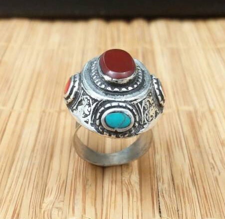 Vintage Style Afghan Kuchi Tribal Ring Antique Design Jewelry Banjara Boho Gypsy Ring Nepali Indian Ethnic Ring Gift Carnelian Stone Ring