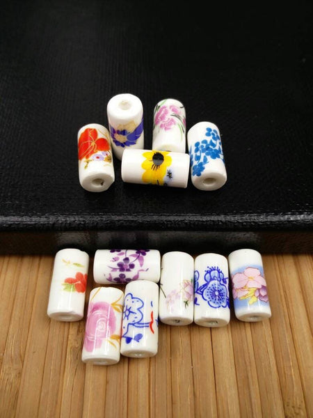 10 Ceramic Tube Beads 17x9mm Porcelain Multicolor Flower Print Cylindrical Barrel Shape Spacers Earrings Bracelet Yoga Mala Necklace Sliders