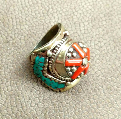 Vintage Style Afghan Kuchi Tribal Ring Antique Design Jewelry Banjara Boho Gypsy Ring Nepali Indian Ethnic Ring Jewelry Corol Stone Ring