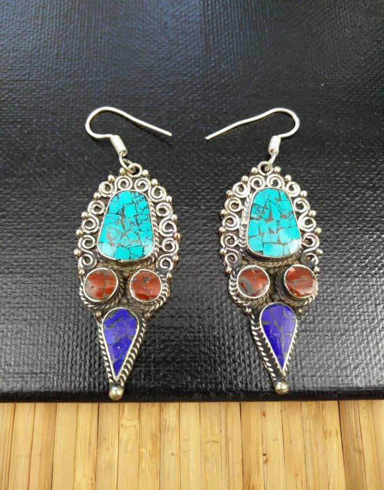 Vintage Handmade Earrings Afghan Kuchi Tribal Jewelry Boho Gypsy Belly Dancing Hoop Earrings Antique Nepali Indian Banjara Earrings Gift.