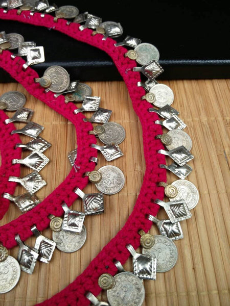 5 Feet 8 Inches Very Rare Red Crochet Trim Vintage Coins Charms DIY Chain Belly Dance Costume Dress Jewelry Supply Ethnic Kuchi Findings.