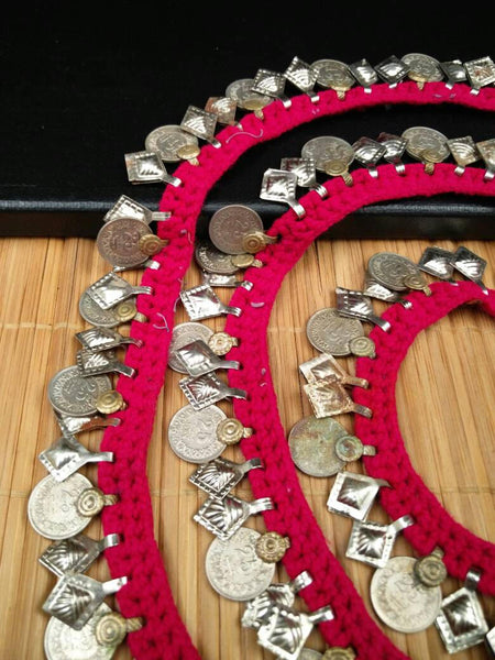 5 Feet 8 Inches Very Rare Red Crochet Trim Vintage Coins Charms DIY Chain Belly Dance Costume Dress Jewelry Supply Ethnic Kuchi Findings.