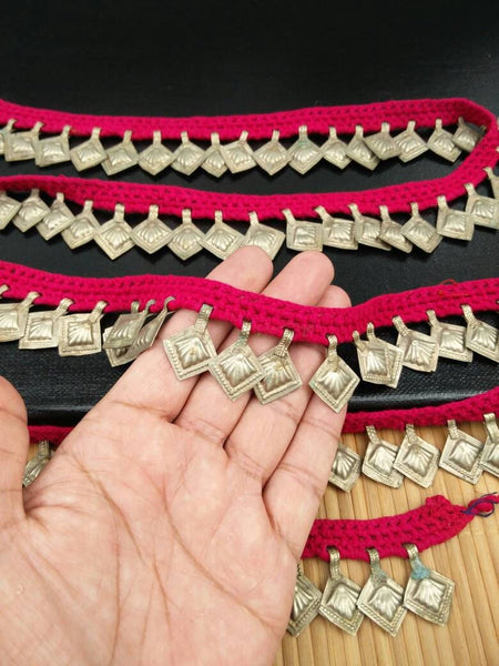 5 Feet Very Rare Pink Crochet Trim 99 Silver Vintage Charms DIY Chain Belly Dance Costume Banjara Dress Jewelry Supply Ethnic Kuchi Findings