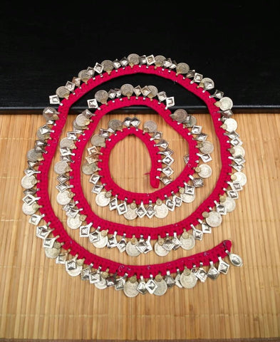5 Feet 8 Inches Very Rare Red Crochet Trim Vintage Coins Charms DIY Chain Belly Dance Costume Dress Jewelry Supply Ethnic Kuchi Findings.