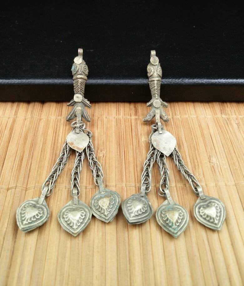 Pair of Unique Vintage Fish Charms DIY Bohemian Jewelry Findings Supply Hanging Costume Design Charms Tribal Kuchi Afghan Boho Handmade Gift