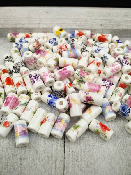 10 Ceramic Tube Beads 17x9mm Porcelain Multicolor Flower Print Cylindrical Barrel Shape Spacers Earrings Bracelet Yoga Mala Necklace Sliders