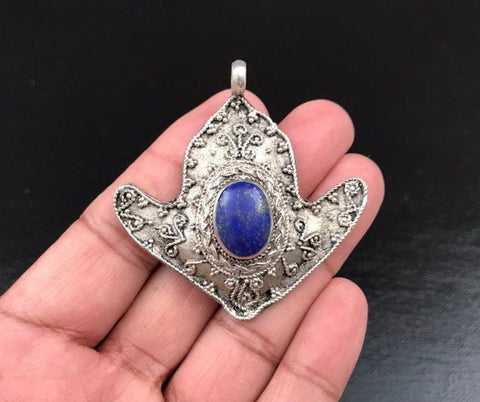 Afghan Tribal Kuchi Handmade Antique Design Traditional Turkoman Ethnic Vintage Style Blue Synthetic Lapis Stone Anchor Shaped Pendant Gift.