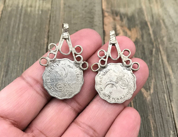 Pair Of 1961 Vintage Coin Pendants DIY Belly Dance Costume Design Supply Antique Banjara Dress Afghan Kuchi Tribal Bohemian Jewelry Findings