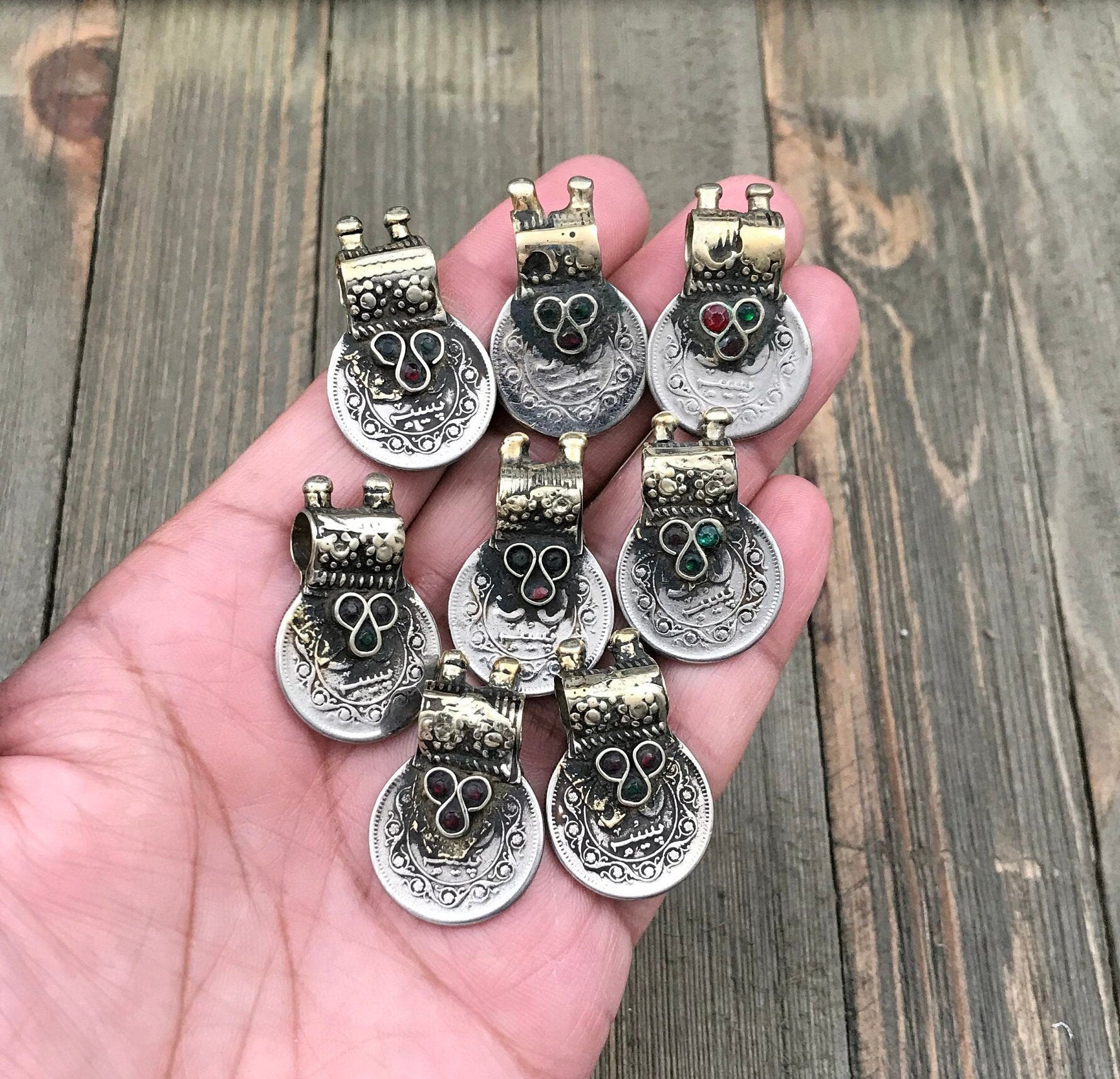 Set Of 8 Vintage Coin Pendants DIY Belly Dance Costume Supply Banjara Dress Traditional Ethnic Afghan Kuchi Tribal Bohemian Jewelry Findings