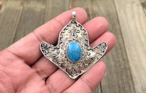 Afghan Tribal Kuchi Handmade Antique Design Traditional Turkoman Ethnic Vintage Style Silver Blue synthetic Stone Anchor Shaped Pendant gift