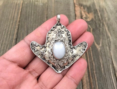 Afghan Tribal Kuchi Handmade Antique Design Traditional Turkoman Ethnic DIY Vintage Style White Synthetic Stone Anchor Shaped Silver Pendant