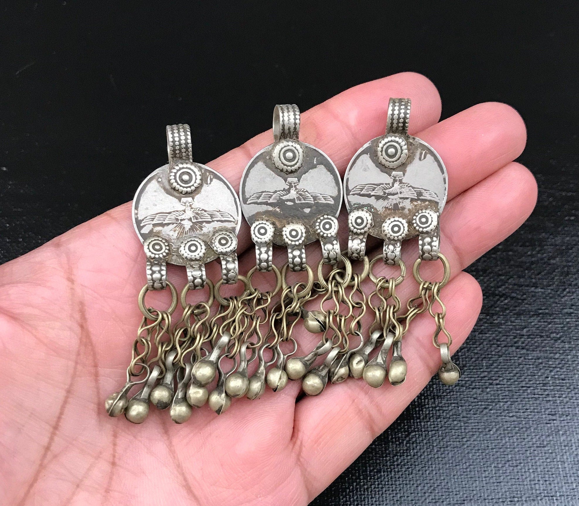 3 Vintage Coin Pendants DIY Belly Dancing Costume Supply Dress Design Antique Charms Banjara Afghan Kuchi Tribal Bohemian Jewelry Findings