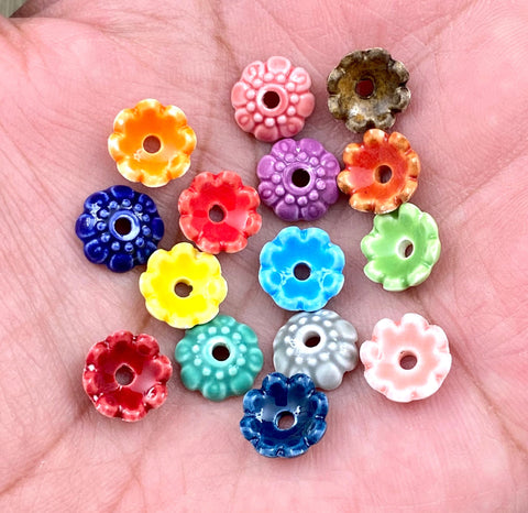 10 Ceramic Flower Shape Spacers Bead Caps Multicolor Porcelain Clay Floral Separators Earrings Bracelet Yoga Mala Necklaces Bohemian Jewelry