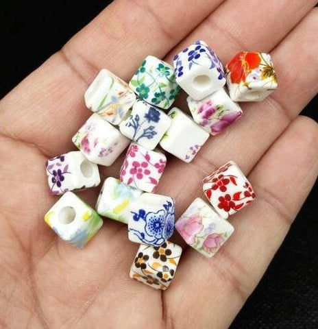 10 Ceramic Square Floral Beads 10mm Porcelain Multicolor Flower Print Cube Spacers DIY Earrings Bracelets Sliders Yoga Mala Necklace Jewelry