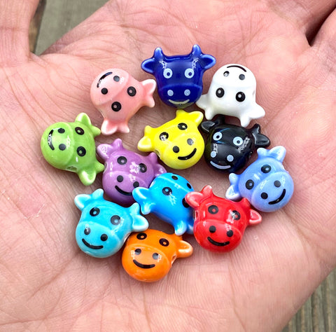 10 Cute Cow Face Ceramic Beads Animal Porcelain Hand Painted Handmade Multicolor Clay Spacer DIY Earrings Bracelet Anklet Yoga Mala Necklace